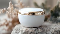 White ceramic jar with luxurious gold rim detail on granite surface, surrounded by soft dried flowers creating elegant cosmetic product presentation.