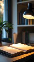 Open book illuminated by black desk lamp on wooden table near window with bookshelf and plant in background, creating cozy study atmosphere.