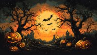 Spooky Halloween scene with glowing jack o lanterns among bare trees at sunset, flying bats silhouetted against orange sky, and haunted castle in background.