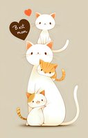 Sweet cartoon cat family with mother cat and kittens, heart saying Best Mom. Cute kawaii style illustration on light background for greeting cards and children designs.