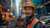 Asian male construction worker wearing orange safety vest and yellow hard hat smiling at construction site with blurred urban background and bokeh lights.