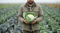 Male farmer holding fresh cabbage in agricultural field during harvest season for organic farming and healthy food production.