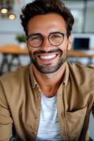 Young Mediterranean businessman with glasses and beige shirt smiling warmly at camera in modern office setting, expressing confidence and approachability.