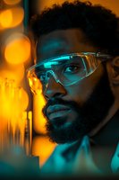 Young African American male scientist wearing protective eyewear in laboratory setting with dramatic orange and teal lighting, creating futuristic atmosphere with bokeh effects.