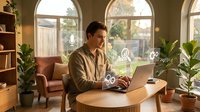 Young Hispanic male professional working on laptop in modern home office with plants and warm natural lighting through arched windows.