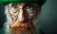 Close up portrait of elderly man with bright green eyes wearing round glasses and green hat, featuring long ginger beard against dark background.