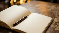 Open notebook with blank pages and fountain pen on wooden desk with warm bokeh lighting in background, suitable for writing, journaling, education, and business concepts.