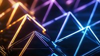 Glowing geometric triangular network with vibrant blue, purple and orange neon lines creating futuristic technology pattern on dark background.