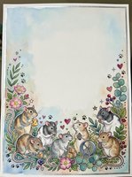 Adorable hamsters and mice frame with floral border, paw prints and hearts on watercolor background for greeting cards, invitations and pet-themed designs.