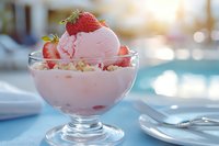 Strawberry ice cream dessert in glass bowl topped with fresh berries and nuts, served poolside on blue tablecloth with soft summer bokeh background.