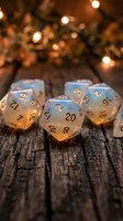 Translucent blue polyhedral dice with gold numbers on rustic wooden surface with warm bokeh lights creating magical tabletop gaming atmosphere for RPG adventures.