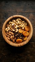Wooden bowl filled with mixed nuts and dried fruits including cashews, almonds, raisins and apricots on rustic dark wood background for healthy snacking.