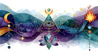 Mystical cosmic landscape with sacred geometry symbols, all-seeing eye, lotus flower and celestial elements in vibrant colors for spiritual design projects.