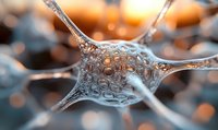 Microscopic view of neuron cell with synaptic connections in orange and blue tones showing detailed structure of neural network and brain cell communication.