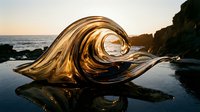 Golden liquid metal wave sculpture on rocky coastline at sunset with ocean waves and dramatic lighting creating abstract art composition.