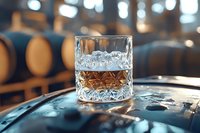 Glass of whiskey on wooden barrel in distillery warehouse with bokeh lights background, crystal tumbler showcasing amber liquid and ornate cut pattern.