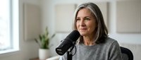 Confident mature Caucasian woman with gray hair speaking into professional microphone in bright modern home office setup for podcasting or broadcasting.