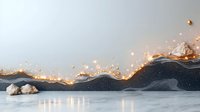 Magical winter landscape with glowing golden lights and snow-covered mountains against dark starry sky, creating ethereal atmosphere for seasonal designs.