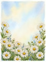 Watercolor daisy border frame with soft blue sky, white chamomile flowers and wildflowers, copy space for text, greeting card or invitation design.