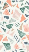 Abstract geometric seamless pattern with triangular and irregular shapes in coral pink, sage green, and navy blue on white background. Textured elements create modern design.