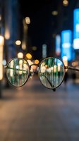 Eyeglasses with green digital code reflection on lenses against blurred city lights at night representing cybersecurity and data protection concepts.