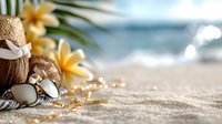 Summer beach vacation essentials with straw hat, sunglasses, coconut and tropical flowers on sandy shore with ocean waves in blurred background.