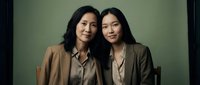 Two Asian women, mother and daughter, smiling warmly in matching earth-tone blazers against a muted green studio background, portrait.