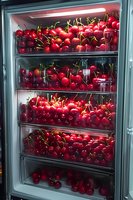 Freshves in refrigerator display case. Bright juicy fruits with stems arranged in rows for retail sale at grocery store or market.
