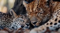 Two leopards snuggling together showing tender moment, close up portrait of wild cats with spotted fur pattern displaying affection and bonding behavior in nature.