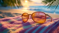 Amber-tinted sunglasses rest on a colorful striped beach towel with ocean waves and palm fronds blurred in the background during golden hour sunset.