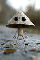 Whimsical mushroom character with black button eyes and stick-like arms and legs standing on textured ground, creating playful nature-inspired art composition.