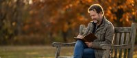 Middle-aged Caucasian man reading book on wooden park bench during golden autumn evening with warm bokeh lights creating peaceful outdoor atmosphere.