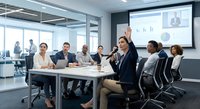 Business team in modern conference room during video call meeting with diverse professionals collaborating on corporate presentation and strategy.