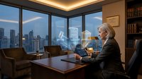 Professional blonde businesswoman working on tablet in modern corner office with city skyline view during evening hours for corporate presentations.