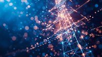 Glowing network of connected dots and lines forming abstract geometric shapes against dark blue background with bokeh light effects and particles.