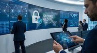Business professionals analyzing cybersecurity data on digital displays in modern control room with secure global transactions interface and network connectivity.