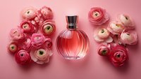 Elegant pink perfume bottle surrounded by delicate ranunculus flowers on soft pink background for luxury beauty and fragrance advertising campaigns.