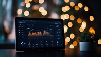 Laptop displaying analytics dashboard with orange graphs against blurred bokeh lights background, small decorative plant adds organic element. For business concepts.