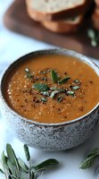 Creamy butternut squash soup garnished with fresh sage leaves and black pepper in rustic speckled ceramic bowl, served with crusty bread for cozy autumn meal.
