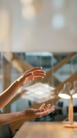 Hands holding glowing digital interface layers in modern office workspace, representing technology innovation, software development, and future digital solutions.