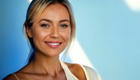 Young blonde woman with bright smile against blue background, natural makeup and casual attire portraying confidence and approachability for wellness, lifestyle, or beauty concepts.