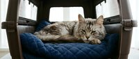 Tabby cat resting on blue quilted pet bed inside brown carrier, ready for travel or veterinary visit.