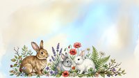 Young rabbits and hares surrounded by wildflowers, lavender, and ferns in watercolor style. Isolated on white background, ready for nursery decor, children's books, and design projects.