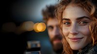 Young woman with red curly hair and freckles smiling at sunset, with bokeh lights and male figure in background, creating romantic atmospheric mood.