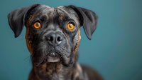 Close up portrait of dark brown boxer mix dog with bright amber eyes against teal background, showing attentive expression and floppy ears in studio lighting.
