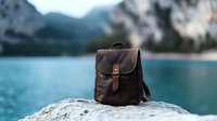 Brown leather backpack on rocky surface near turquoise mountain lake with dramatic peaks in background, outdoor adventure and travel lifestyle concept.