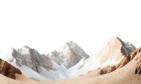 Majestic snow-capped mountain peaks rise against soft beige desert landscape, creating dramatic contrast between arid terrain and frozen summits in warm tones.