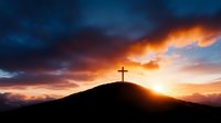 Christian cross silhouette on hilltop against dramatic sunset sky with glowing orange clouds and dark blue storm clouds, spiritual background for religious themes.