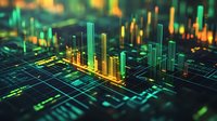 Glowing green and yellow financial chart bars rise from digital grid surface showing market data analysis and trading statistics visualization.