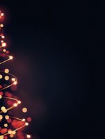 Abstract glowing Christmas tree silhouette with red and gold bokeh lights on dark background, festive holiday design element with copy space.